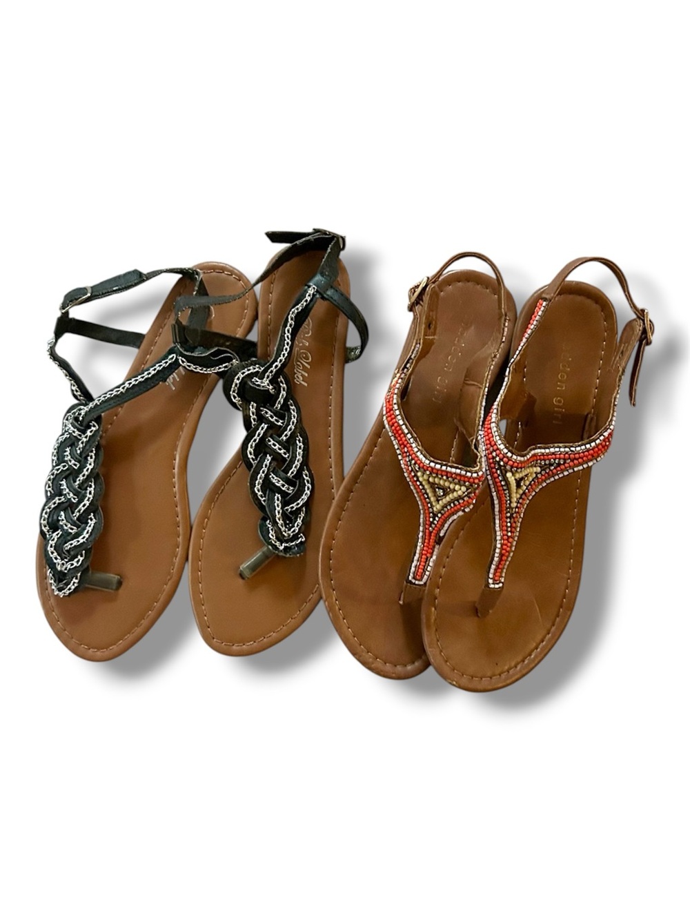 Two (2) Pair Bundle of Madden Girl & Pink Label Flat Thong Sandals Embellished 7